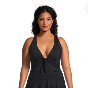 NWT Sz Medium Catherine Malandrino Plunge Halter Tankini Top Twist Front Black